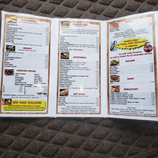 Breakfast all day, Wings, Sandwiches, Subs, Salads,Steaks, Pizza, Hotdogs, Quesadillas, Burgers, Appetizers. Kitchen opened until 2am