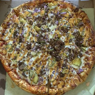 Cow burger pie pizza. Taste just like a cheeseburger.