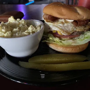 Bacon cheeseburger with egg, bbq sauce (on the side, lettuce, tomato. Dang, this is a good one!