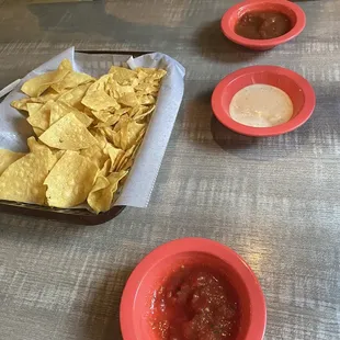Chips, salsa, and white dip
