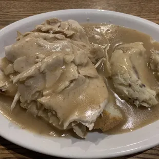 Open faced turkey with mashed potatoes and gravy