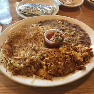 Chorizo and Eggs, Beans, Tortillas and Salsa