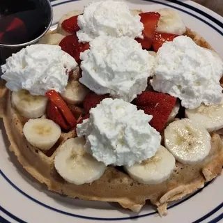 Belgian Waffle with Banana, Caramel Syrup and Whipped Cream