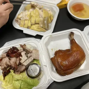 Half steamed fresh chicken 半隻貴妃雞，two items lunch: bbq pork&amp;roast pork 叉燒燒肉雙拼飯，one soy sauce chicken leg 一隻豉油雞肶。total $34
