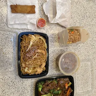 Chicken Lo Mein, Beef Broccoli, Hot and Sour Soup, Egg Roll, Egg Fried Rice