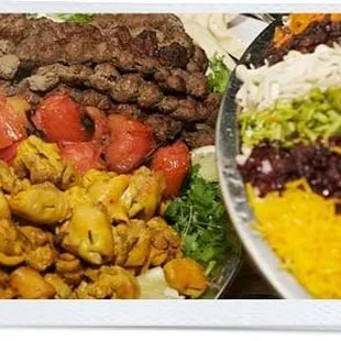 Traditional Persian meal featuring kabobs with saffron rice.