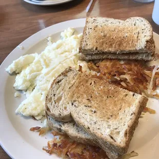 Two egg (whites) hash browns and rye toast