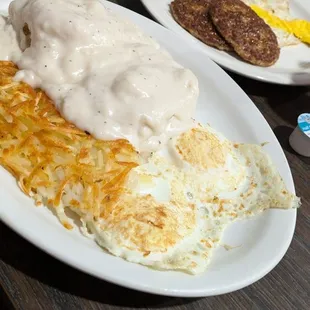 Biscuits and gravy ( no sausage in it as ordered) ,  peach pie pancakes!!