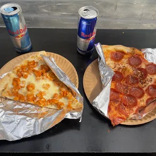 buffalo chicken slice and pepperoni slice