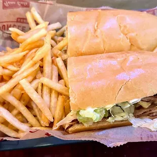 Turkey submarine sandwich with fries