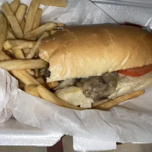 Fries and Philly mushroom cheesesteak