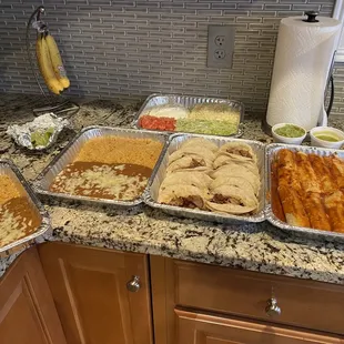 Family Style Carnitas and Half Beef Half Chicken Enchilada Trays