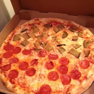 Large pizza, half pepperoni and half eggplant &amp; sharp provolone.  Delicious!