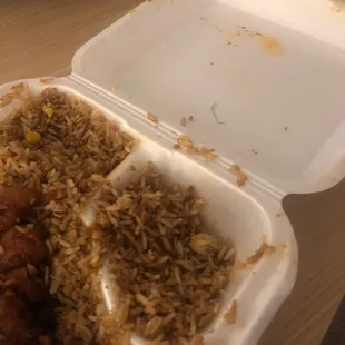 Overcooked fried rice and the metal staple in my chicken