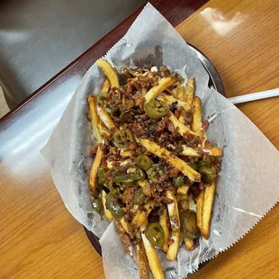 Loaded fries, the jalapeños made it!!