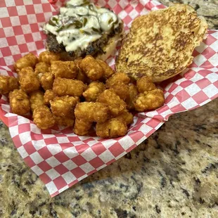 Rattlesnake burger with tots