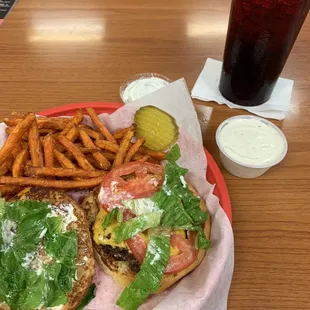 1/4 cheeseburger with cheddar jalapeño bun and sweet potato fries.