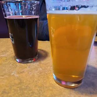 Blackberry Cider and Bone Yard IPA.  Food is always good!  Pizza, Calzone. Burgers, Sandwiches,  Fish n Chips