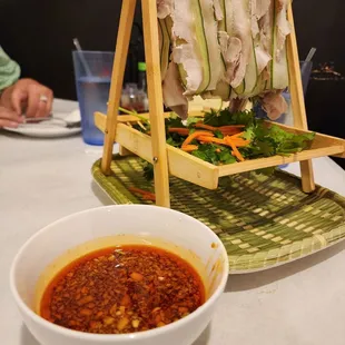 Thin slice pork belly with garlic sauce