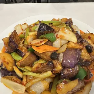 Eggplant w/ garlic sauce. Insanely tasty w/ plenty of veggies