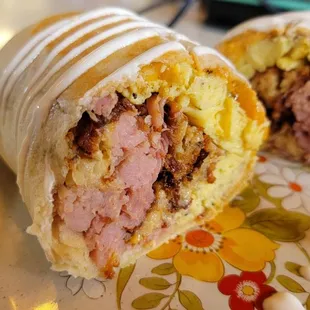 Inside the ham and cheddar burrito without caramelized onions
