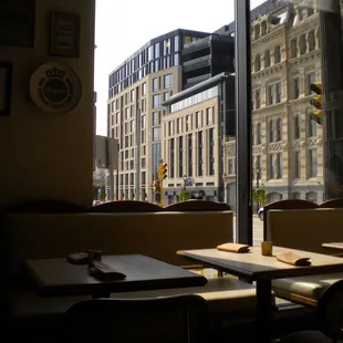 Inside seating facing the city.