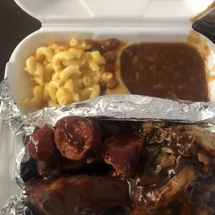 3 meat combo pulled pork, ribs and links with Mac &amp; cheese and bbq baked beans!!!!