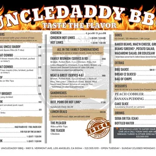 menu for uncledaddy bbq