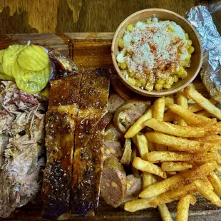 Brisket, ribs, sausage, street corn, fries