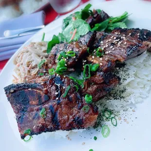 Kalbi - comes with rice sprinkled with furikake; salad, and a Mac salad.