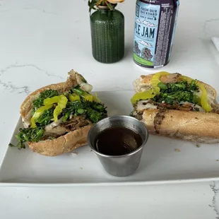 Roasted Pork Sandwich with provolone, broccoli rabe, and banana peppers.