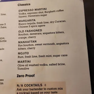 Cocktail menu