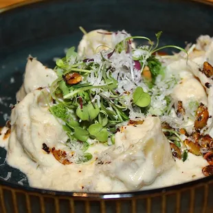 The House Made Red Kuri Squash Cappelletti was made with Red Kuri Squash, Mascarpone, Amoretti, Sage Brown Butter Cream Sauce &amp; Pepitas.