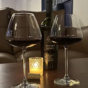two glasses of wine and a candle