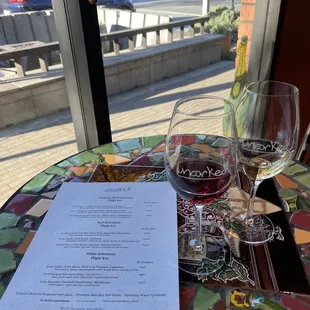 a glass of wine and a menu on a table