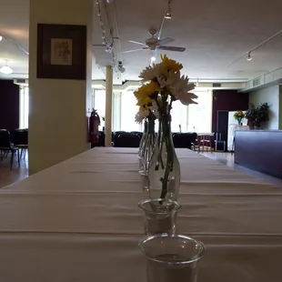 Banquet room setup for a wedding.