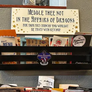 a sign on a shelf
