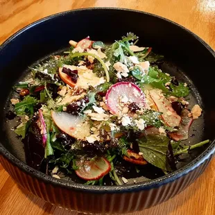 Apple Salad- spicy greens and radishes from our farm, feta cheese, smoked pecans, beet craisins, honey vinaigrette.