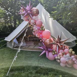 Rose Gold Bell Tent rental for sleepovers or lounge tent rentals.