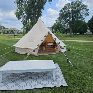 Large bell tents with seating add an area of interaction for your guests. Weddings, festivals, girls night out.