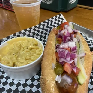 Loaded Chicago Dog with mac and cheese