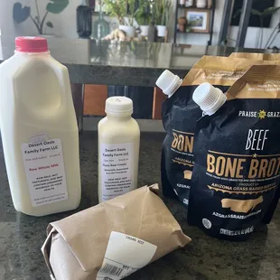 Raw milk, raw cream, grass fed ground beef and bone broth.