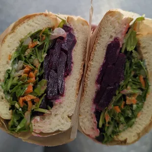 The Roasted Beet Sandwich with tarragon roasted beets, blue cheese spread &amp; arugula slaw (with carrots, walnuts and pickled onions &amp; fennel)
