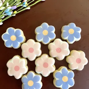 blue and pink flowers on a plate
