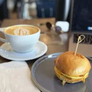 Egg and cheese sandwich and Caramel Latte