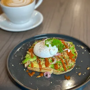 Avocado toast w/poached egg, rosemary honey latte