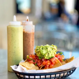 Chips, Salsa, and Guacamole | $7.50 (Love their squeeze bottle salsas!)