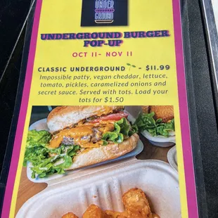 the menu for the underground burger