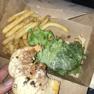 a hand holding a sandwich and french fries