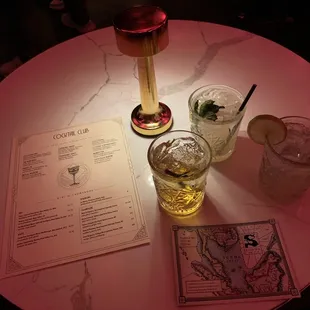 a table with drinks and menus